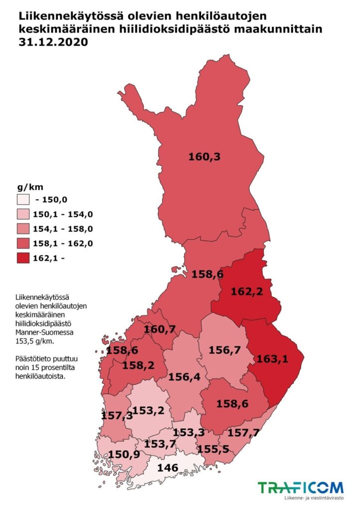 Liikennekäytössä olevien henkilöautojen keskimääräinen hiilidioksiidipäästö maakunnittain 31.12.2021